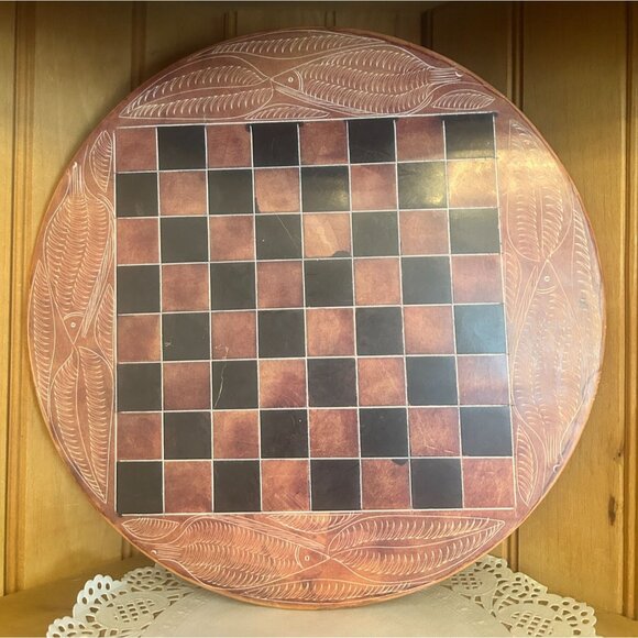 Vintage Soapstone Carved Fish Chessboard Unique Dark Black Brown Design - Picture 1 of 4